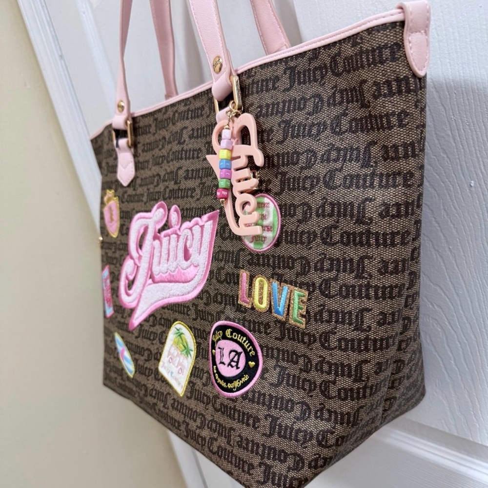 NWT Juicy Couture Juicy Run the World Tote in Taupe/Dk Brown w/ Pink Trim - Picture 5 of 7